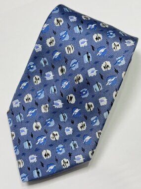 HERMES Blue Black Abstract Pattern Print Silk Tie